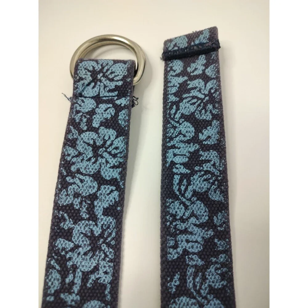 Blue Floral Print Fabric D-Ring Belt Woven Cotton Webbing Adjustable 38